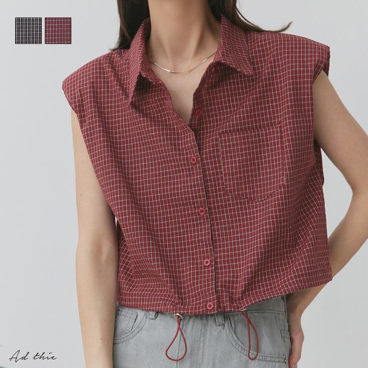 ノースリーブドロストショート丈チェックシャツ | ad thie | 詳細画像1 