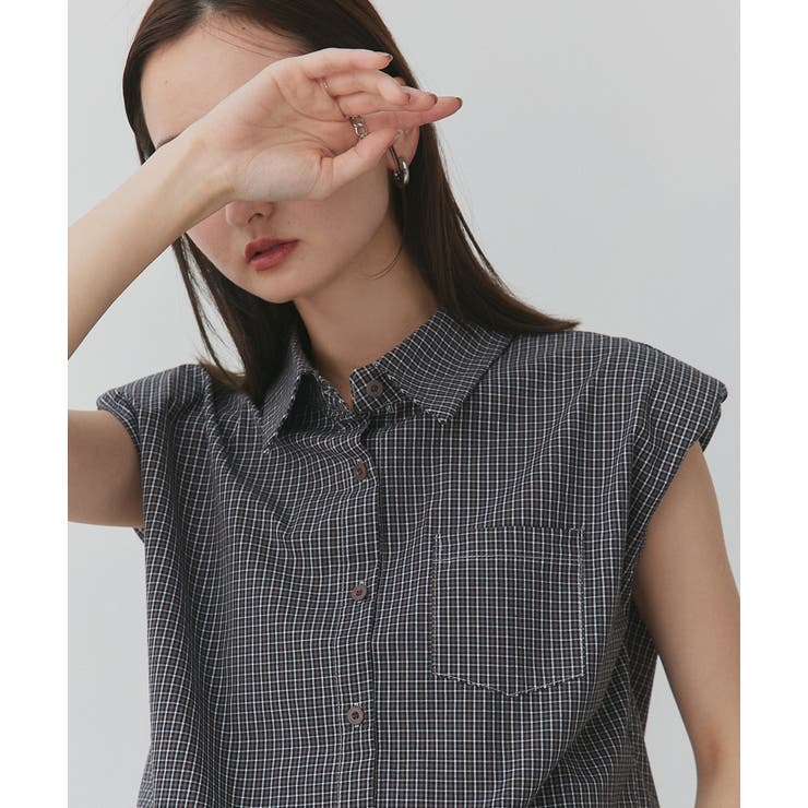 ノースリーブドロストショート丈チェックシャツ | ad thie | 詳細画像16 