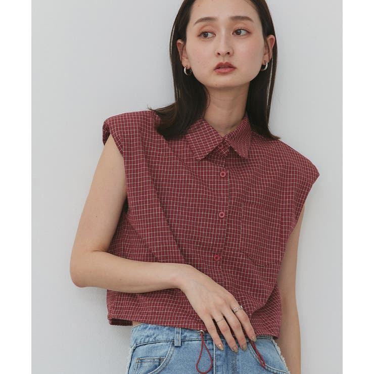 ノースリーブドロストショート丈チェックシャツ | ad thie | 詳細画像19 