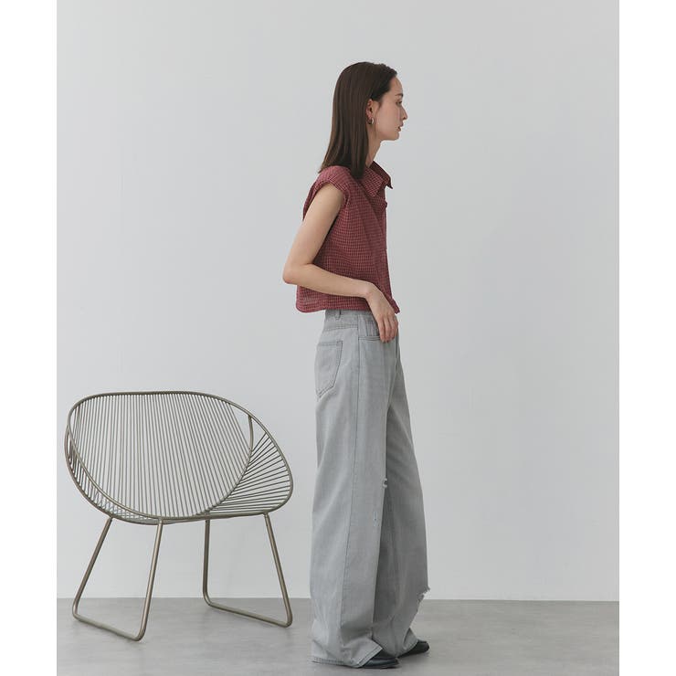 ノースリーブドロストショート丈チェックシャツ | ad thie | 詳細画像24 