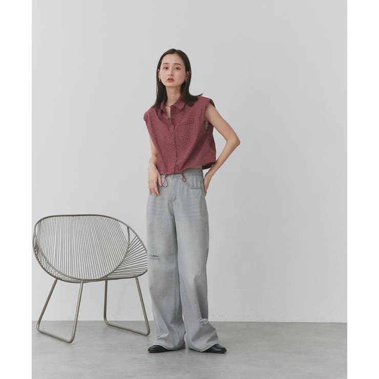 ノースリーブドロストショート丈チェックシャツ | ad thie | 詳細画像25 