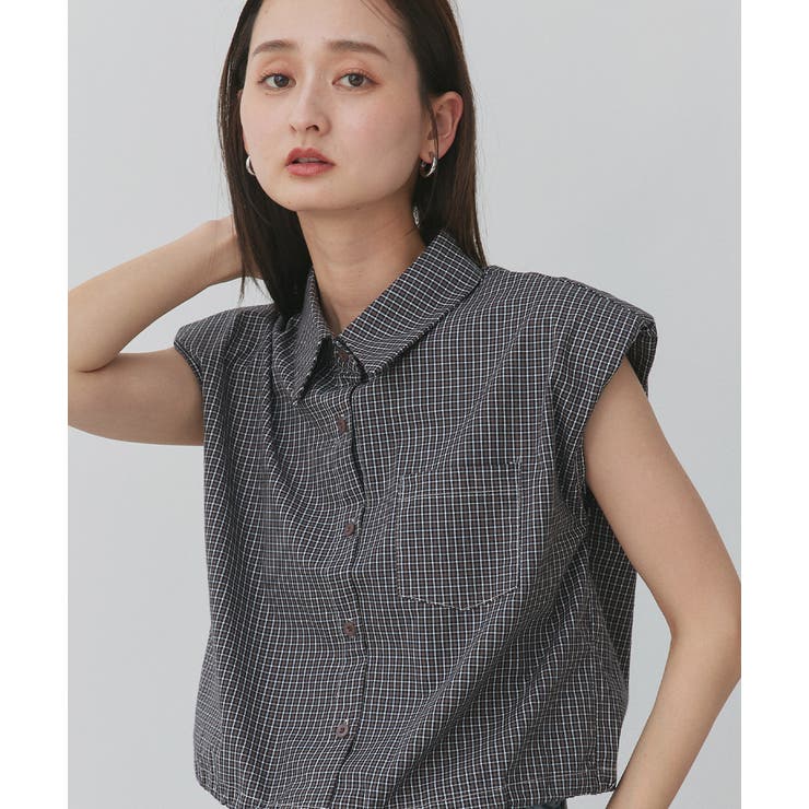 ノースリーブドロストショート丈チェックシャツ | ad thie | 詳細画像5 