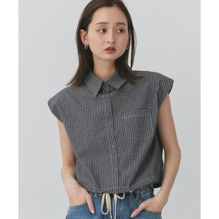 ノースリーブドロストショート丈チェックシャツ | ad thie | 詳細画像6 