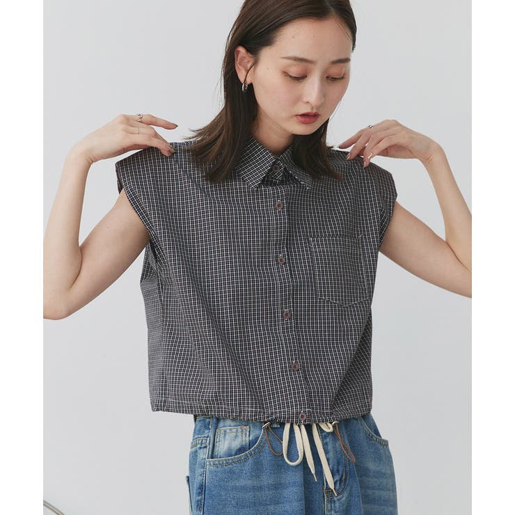 ノースリーブドロストショート丈チェックシャツ | ad thie | 詳細画像7 