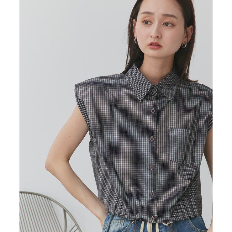 ノースリーブドロストショート丈チェックシャツ | ad thie | 詳細画像9 