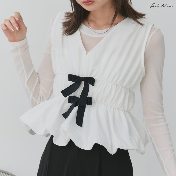 リボンデザインノースリーブペプラムブラウス | ad thie | 詳細画像1 