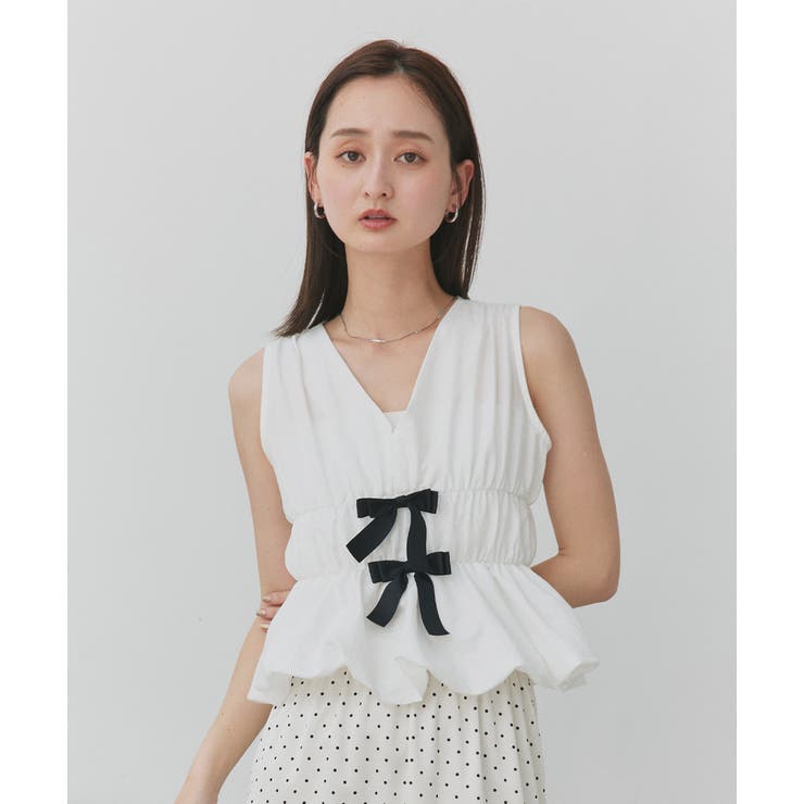 リボンデザインノースリーブペプラムブラウス | ad thie | 詳細画像11 