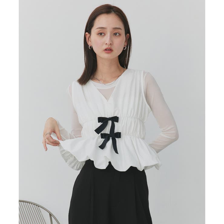 リボンデザインノースリーブペプラムブラウス | ad thie | 詳細画像20 