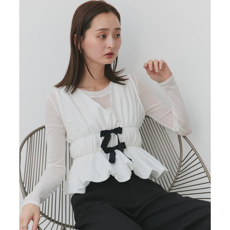 リボンデザインノースリーブペプラムブラウス | ad thie | 詳細画像24 