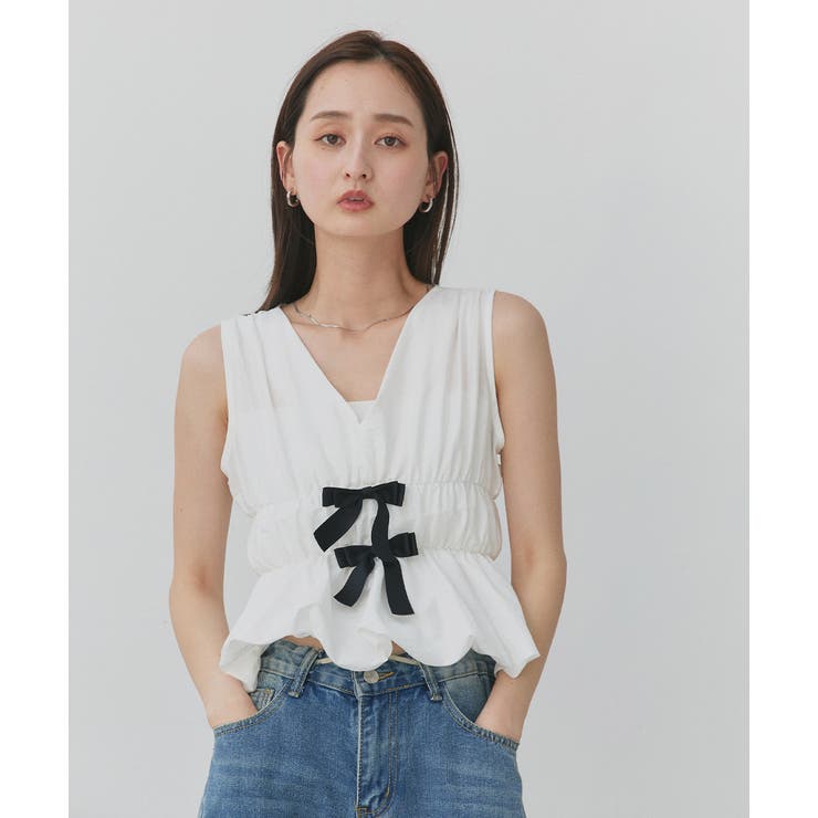 リボンデザインノースリーブペプラムブラウス | ad thie | 詳細画像4 