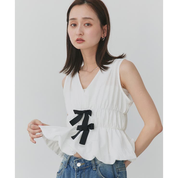 リボンデザインノースリーブペプラムブラウス | ad thie | 詳細画像5 