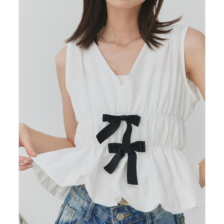 リボンデザインノースリーブペプラムブラウス | ad thie | 詳細画像6 