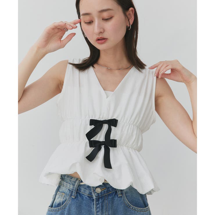 リボンデザインノースリーブペプラムブラウス | ad thie | 詳細画像7 