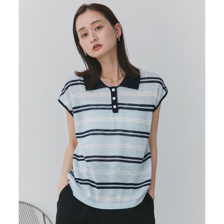 シアーフレンチスリーブボーダーポロトップス | ad thie | 詳細画像12 