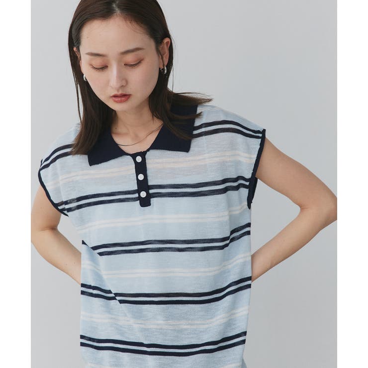シアーフレンチスリーブボーダーポロトップス | ad thie | 詳細画像13 