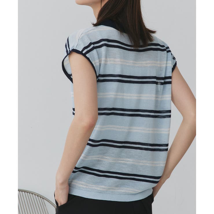 シアーフレンチスリーブボーダーポロトップス[品番：ADEW0004964]｜ad