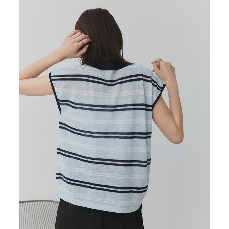 シアーフレンチスリーブボーダーポロトップス | ad thie | 詳細画像15 