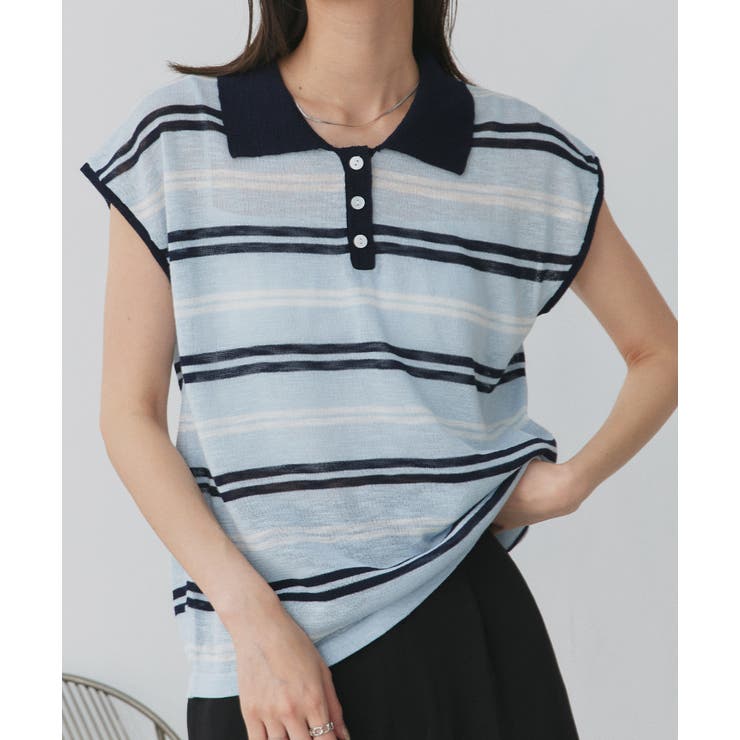 シアーフレンチスリーブボーダーポロトップス | ad thie | 詳細画像16 