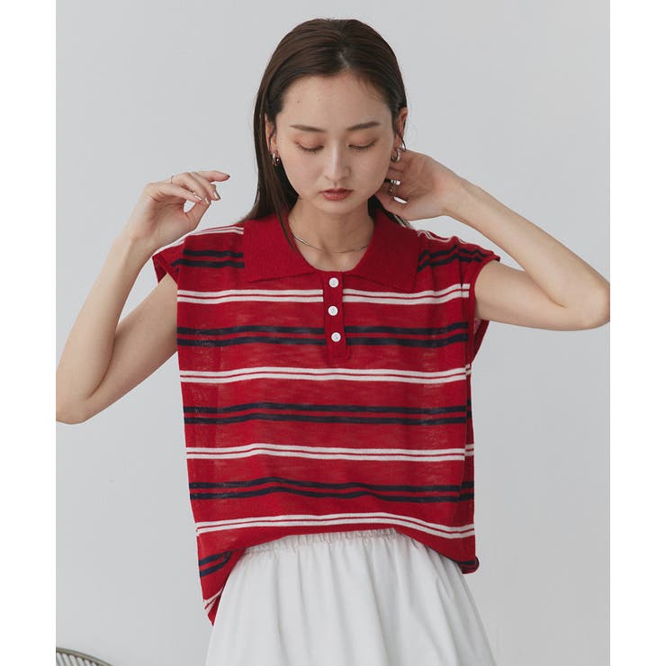 シアーフレンチスリーブボーダーポロトップス | ad thie | 詳細画像19 