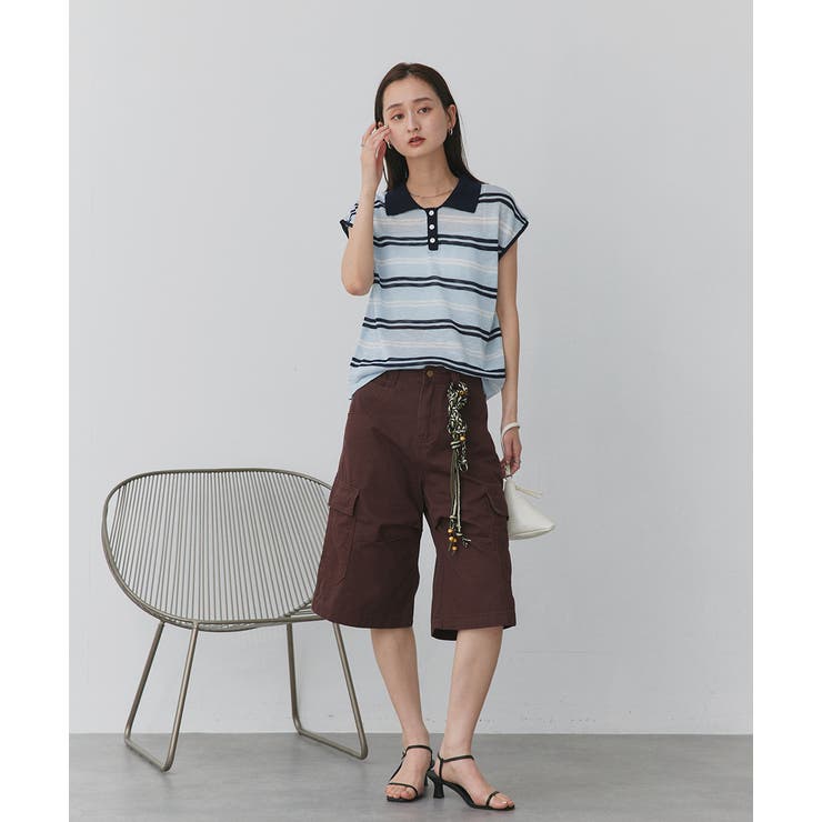 シアーフレンチスリーブボーダーポロトップス | ad thie | 詳細画像2 