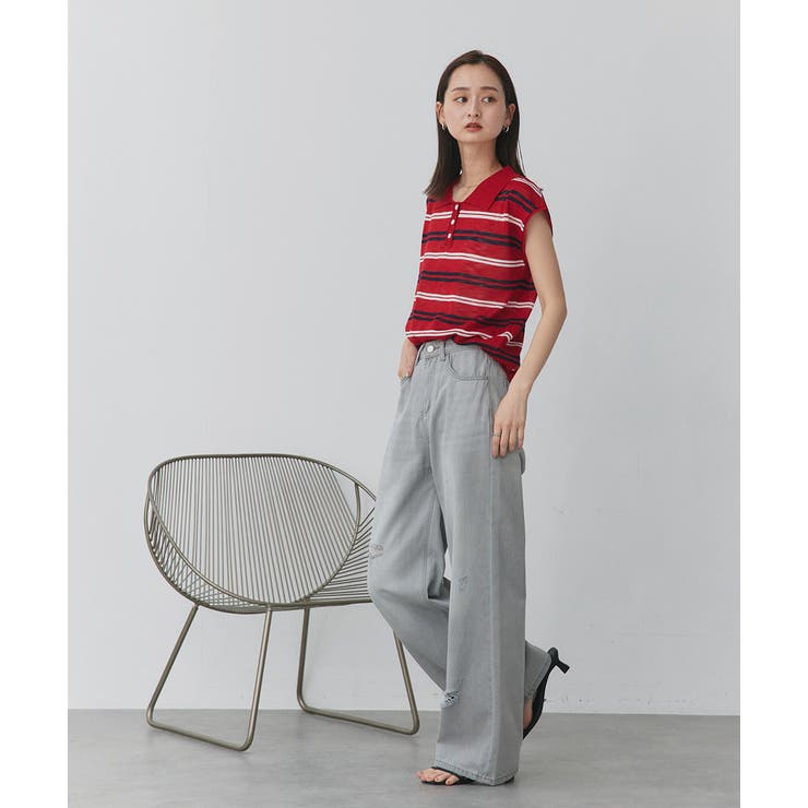 シアーフレンチスリーブボーダーポロトップス | ad thie | 詳細画像23 