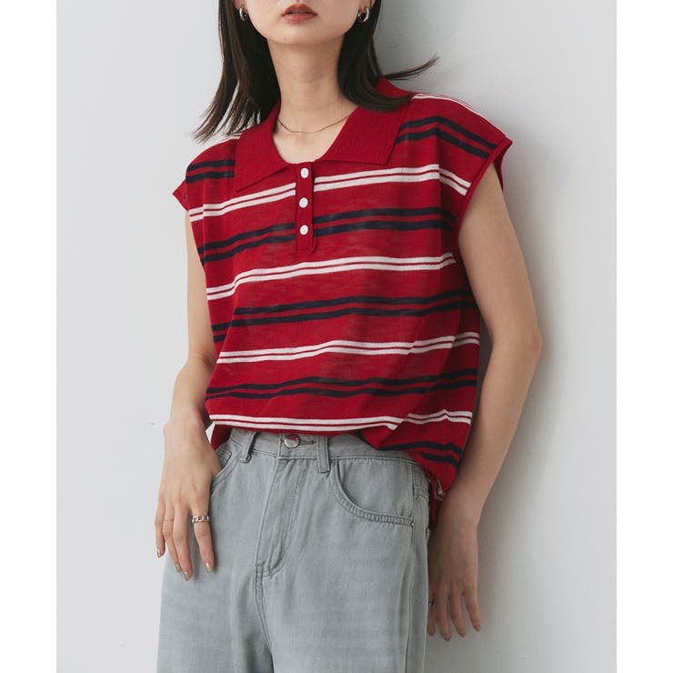 シアーフレンチスリーブボーダーポロトップス | ad thie | 詳細画像26 