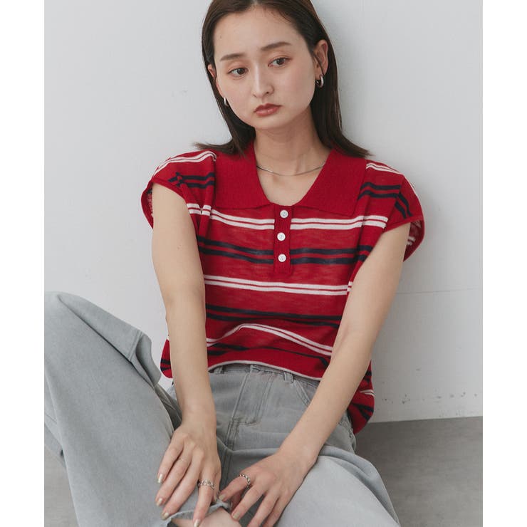 シアーフレンチスリーブボーダーポロトップス | ad thie | 詳細画像28 