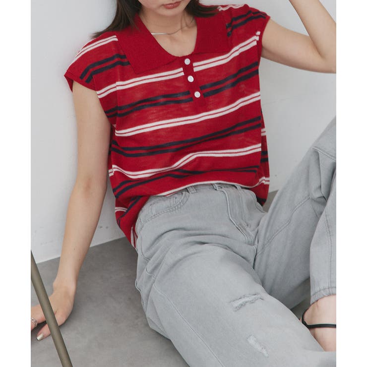 シアーフレンチスリーブボーダーポロトップス | ad thie | 詳細画像29 