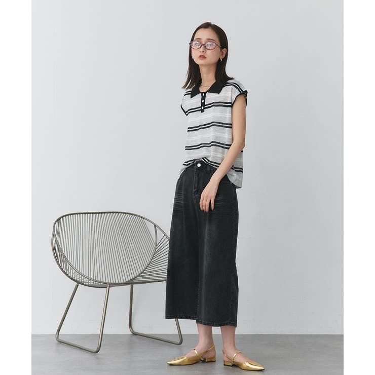 シアーフレンチスリーブボーダーポロトップス | ad thie | 詳細画像30 