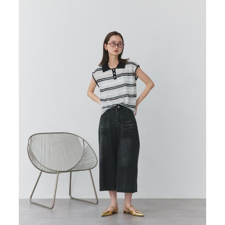 シアーフレンチスリーブボーダーポロトップス | ad thie | 詳細画像31 