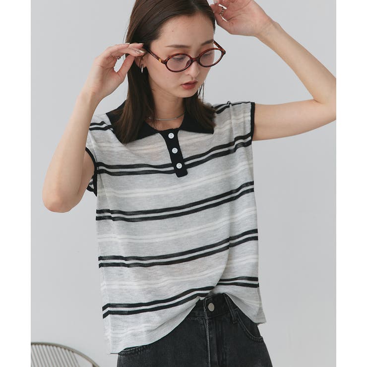 シアーフレンチスリーブボーダーポロトップス | ad thie | 詳細画像33 