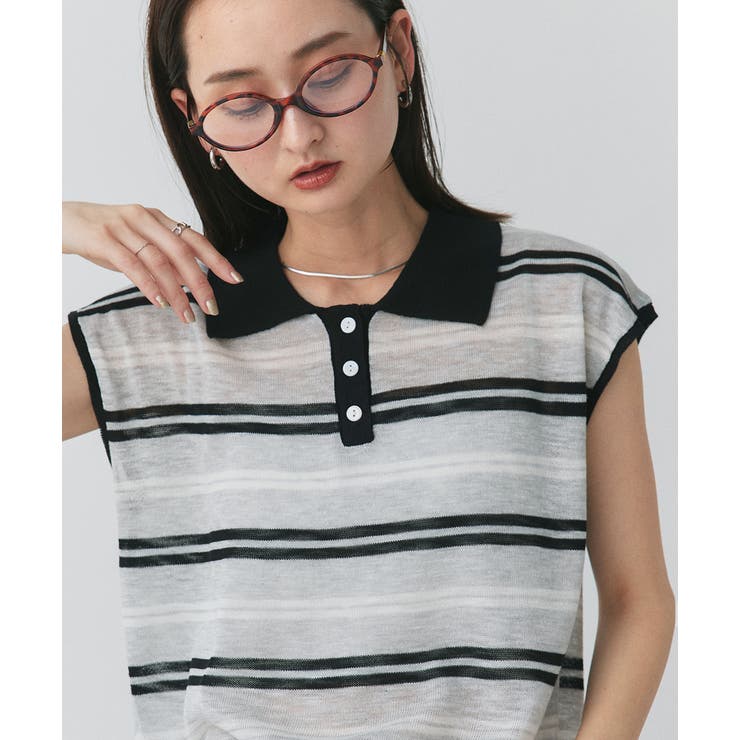 シアーフレンチスリーブボーダーポロトップス | ad thie | 詳細画像35 