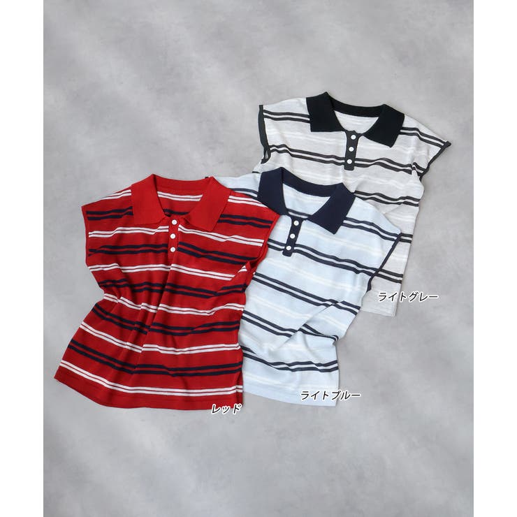 シアーフレンチスリーブボーダーポロトップス | ad thie | 詳細画像44 