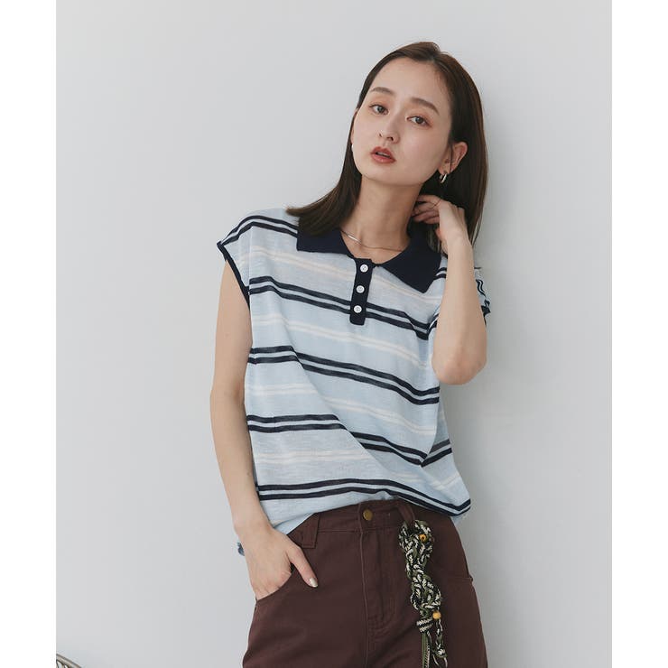 シアーフレンチスリーブボーダーポロトップス | ad thie | 詳細画像5 