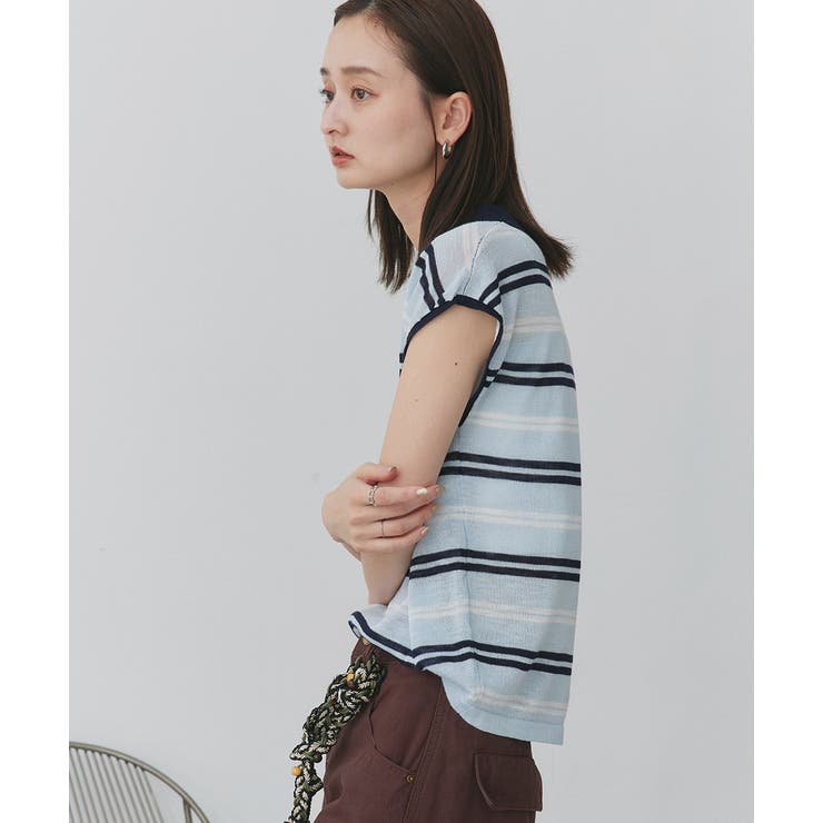 シアーフレンチスリーブボーダーポロトップス | ad thie | 詳細画像6 