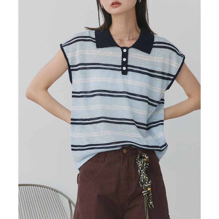 シアーフレンチスリーブボーダーポロトップス | ad thie | 詳細画像7 