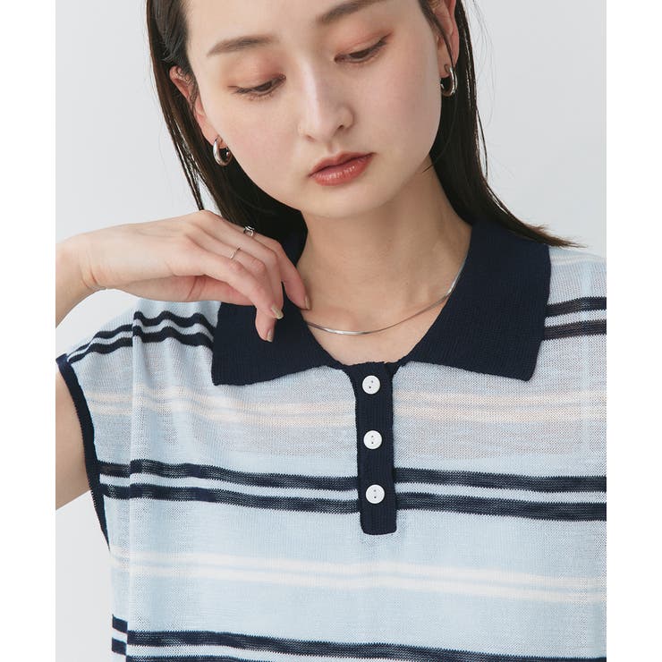 シアーフレンチスリーブボーダーポロトップス | ad thie | 詳細画像8 