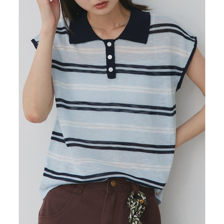 シアーフレンチスリーブボーダーポロトップス | ad thie | 詳細画像9 