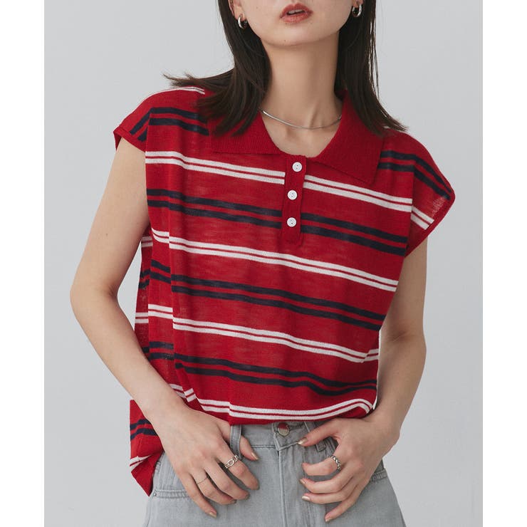 シアーフレンチスリーブボーダーポロトップス[品番：ADEW0004964]｜ad