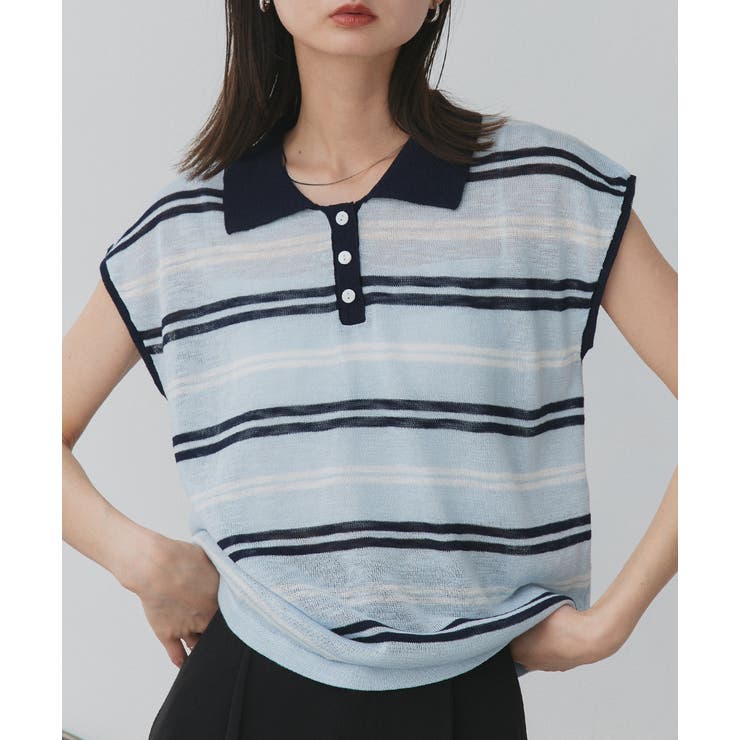 ライトブルー | シアーフレンチスリーブボーダーポロトップス | ad thie