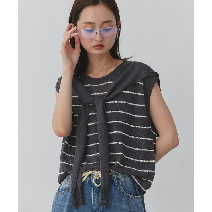 チャコール | フェイクカーディガン付き ノースリーブニット | ad thie