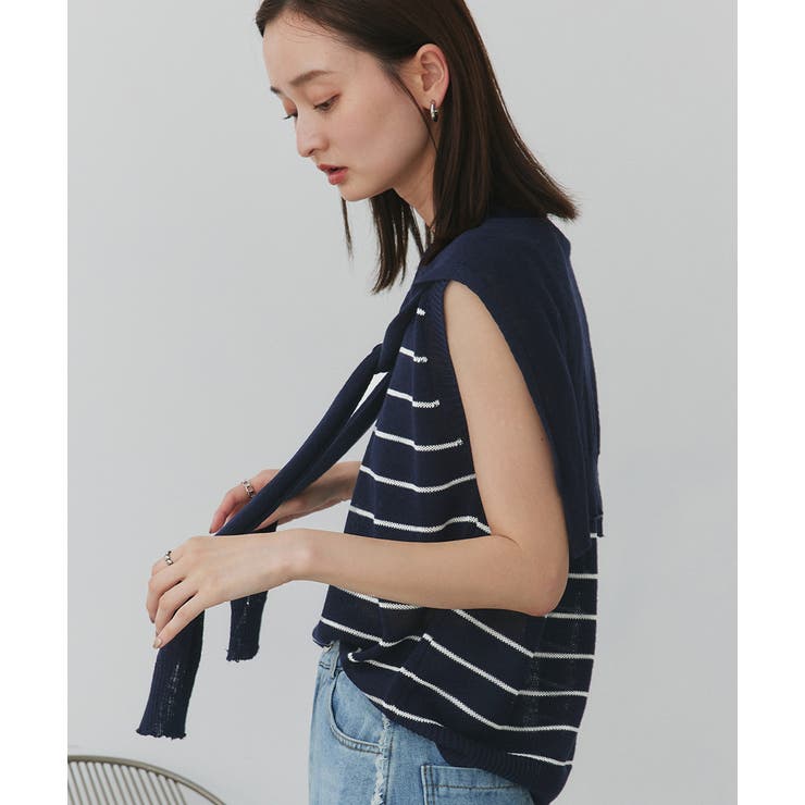 ネイビー | フェイクカーディガン付き ノースリーブニット | ad thie