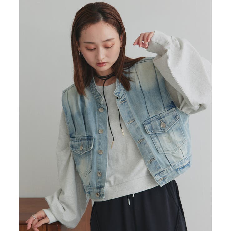 タックデザインデニムショート丈ベスト | ad thie | 詳細画像10 