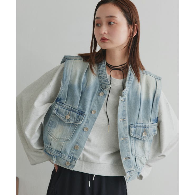 タックデザインデニムショート丈ベスト | ad thie | 詳細画像11 