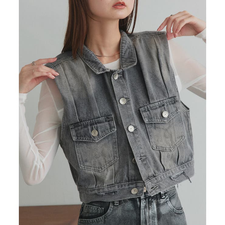 タックデザインデニムショート丈ベスト | ad thie | 詳細画像18 