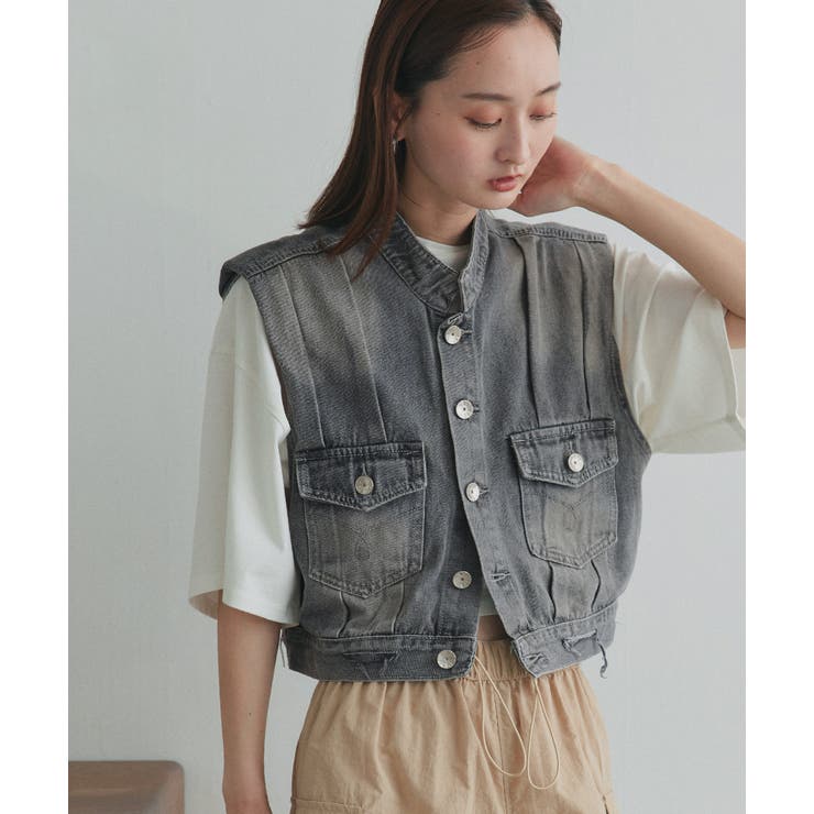タックデザインデニムショート丈ベスト | ad thie | 詳細画像22 