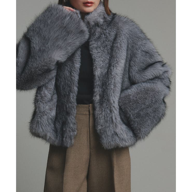 グレー | スタンドカラーフェイクファーコート | ad thie