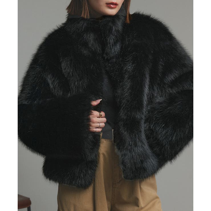 ブラック | スタンドカラーフェイクファーコート | ad thie