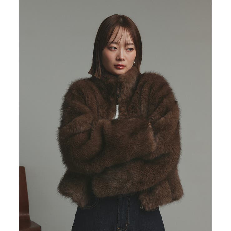 ブラウン | スタンドカラーフェイクファーコート | ad thie