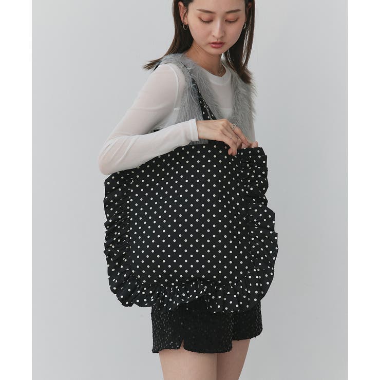 ブラック | フレームフリルポルカドットスクエアトートバッグ | ad thie